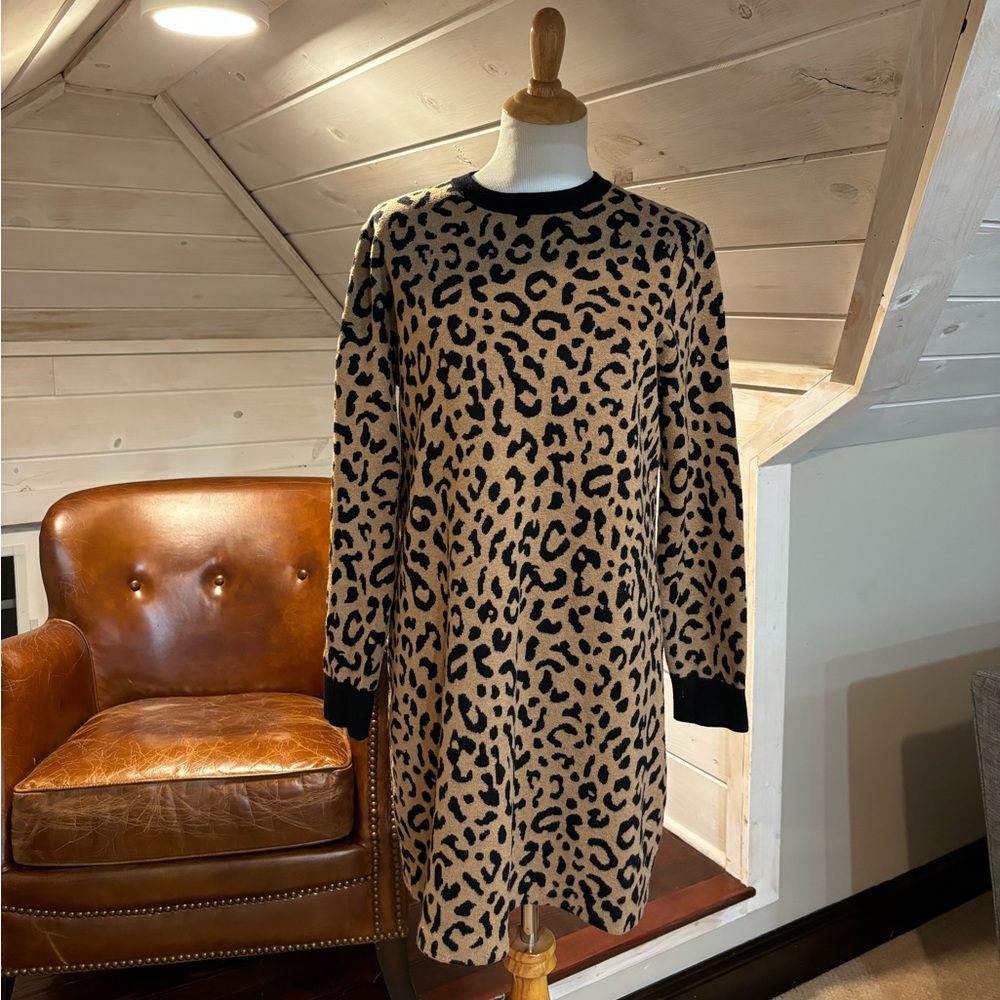 JCrew sweater dress in animal print- size Large. New without tags.